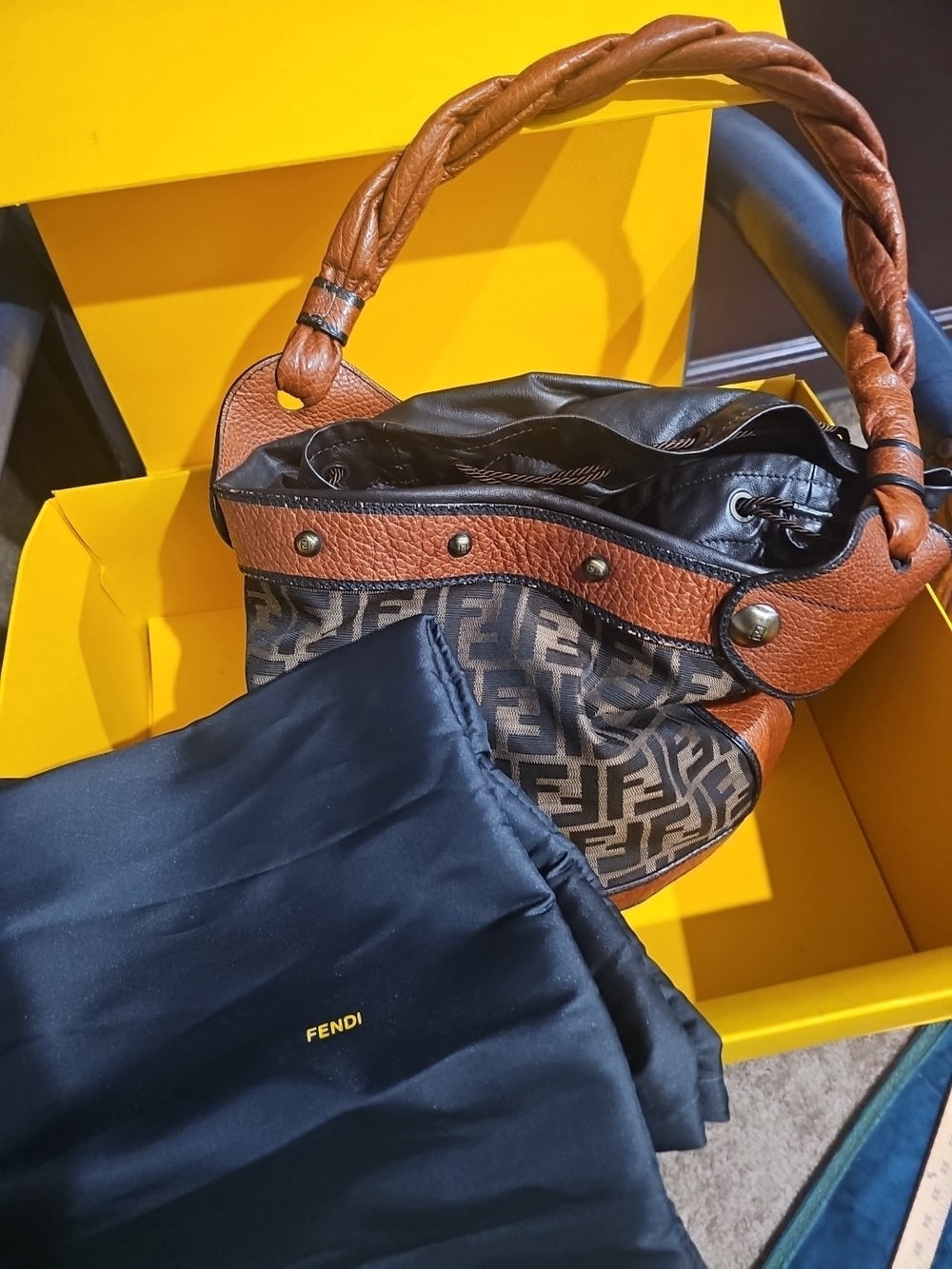 Authentic FENDI Zucca B.Mix Bucket Bag 8BR555 Braided Handle FULL SET Box